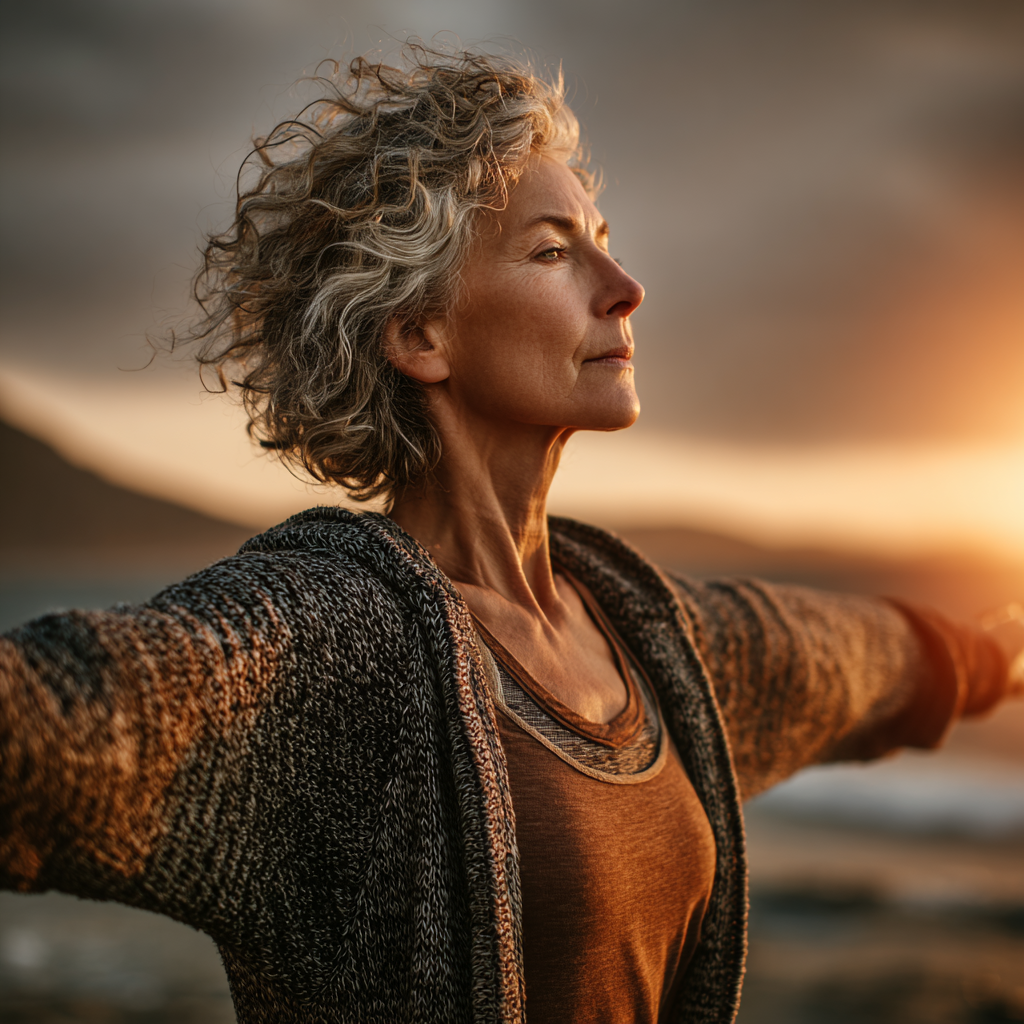 Serene mature woman in her late 40s practicing yoga in warrior pose outdoors at sunrise, wearing earth-tone workout clothes, demonstrating strength and flexibility with focused expression and natural lighting